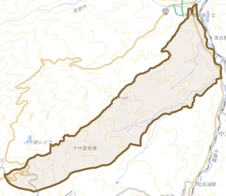 大字千代里とその周辺の地図。町の範囲を重ねている