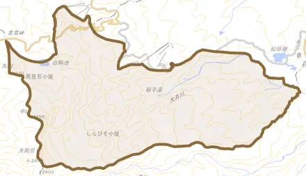 大字稲子とその周辺の地図。町の範囲を重ねている