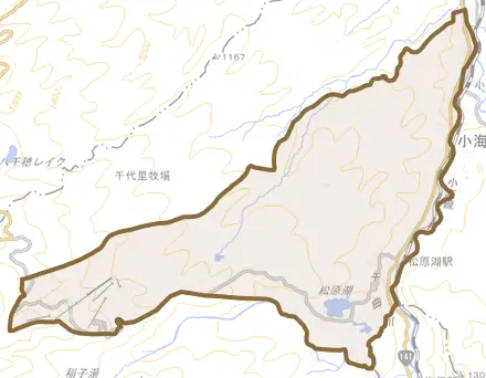大字豊里とその周辺の地図。町の範囲を重ねている