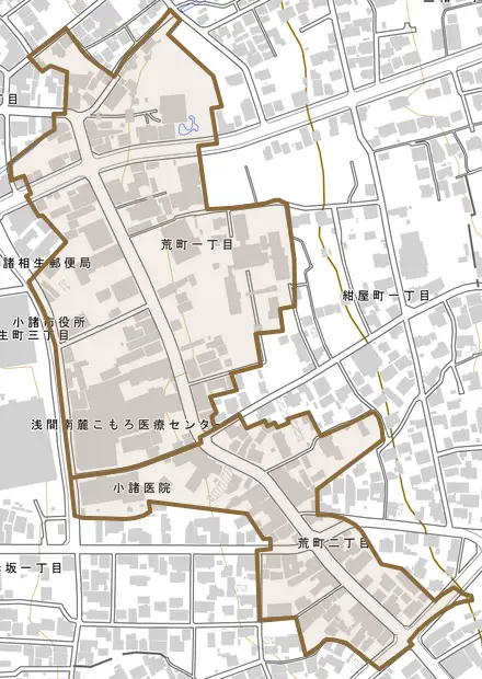荒町とその周辺の地図。町の範囲を重ねている
