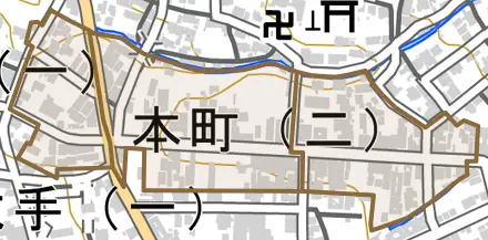 本町とその周辺の地図。町の範囲を重ねている