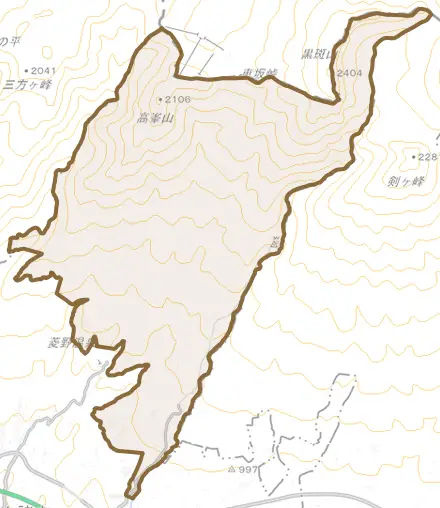 己とその周辺の地図。町の範囲を重ねている