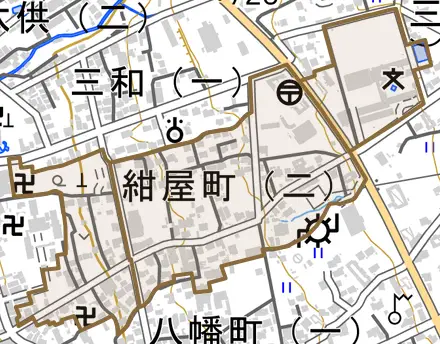 紺屋町とその周辺の地図。町の範囲を重ねている