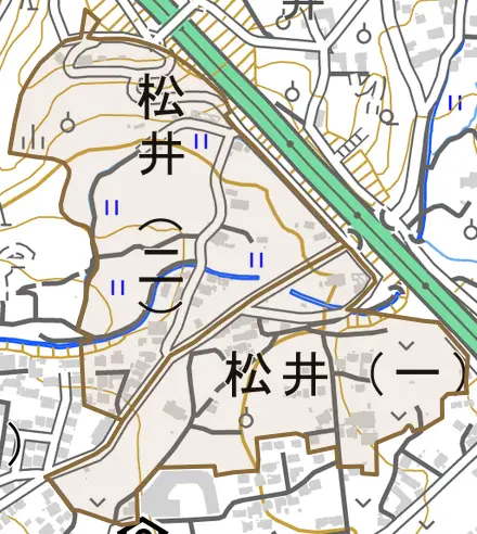 松井とその周辺の地図。町の範囲を重ねている