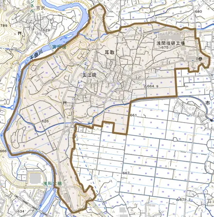 大字耳取とその周辺の地図。町の範囲を重ねている