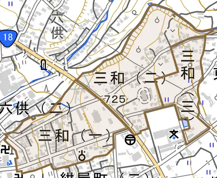 三和とその周辺の地図。町の範囲を重ねている