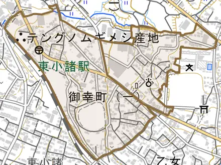 御幸町とその周辺の地図。町の範囲を重ねている