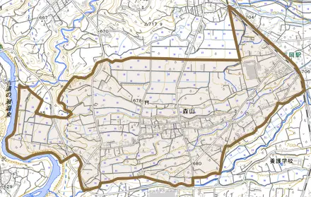 大字森山とその周辺の地図。町の範囲を重ねている