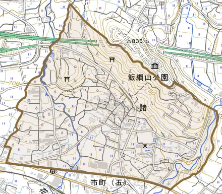 大字諸とその周辺の地図。町の範囲を重ねている