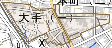 大手とその周辺の地図。町の範囲を重ねている