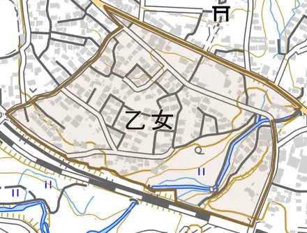 乙女とその周辺の地図。町の範囲を重ねている