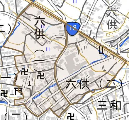 六供とその周辺の地図。町の範囲を重ねている