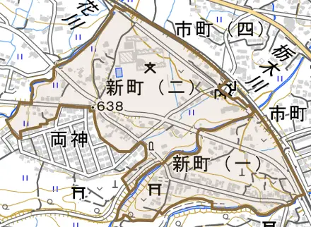 新町とその周辺の地図。町の範囲を重ねている