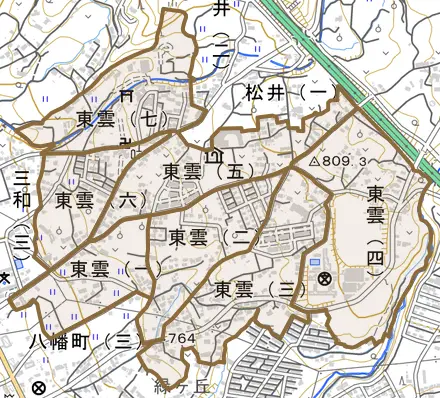 東雲とその周辺の地図。町の範囲を重ねている