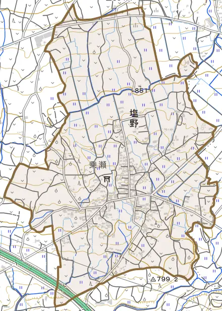 大字塩野とその周辺の地図。町の範囲を重ねている