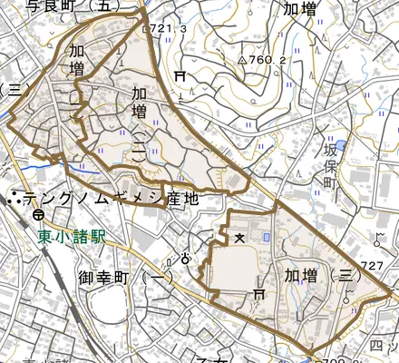 加増とその周辺の地図。町の範囲を重ねている