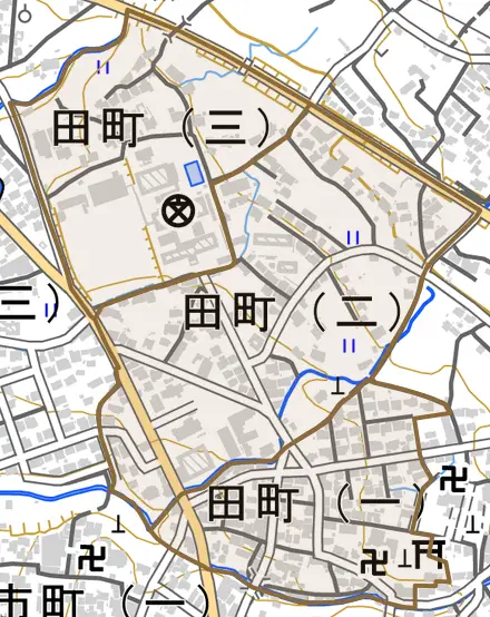 田町とその周辺の地図。町の範囲を重ねている