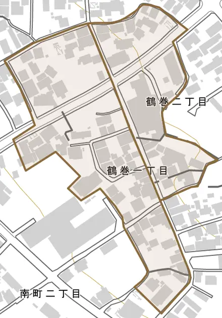 鶴巻とその周辺の地図。町の範囲を重ねている