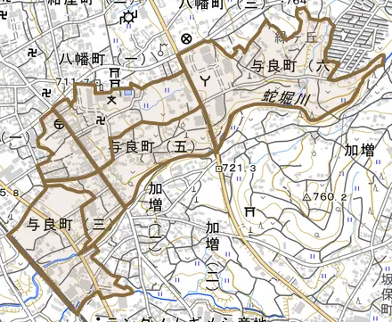 与良町とその周辺の地図。町の範囲を重ねている