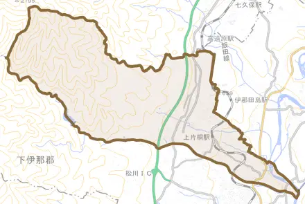 上片桐とその周辺の地図。町の範囲を重ねている
