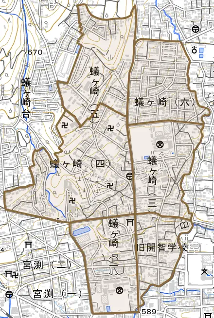 蟻ケ崎とその周辺の地図。町の範囲を重ねている