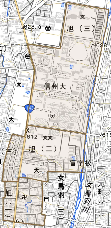 旭とその周辺の地図。町の範囲を重ねている