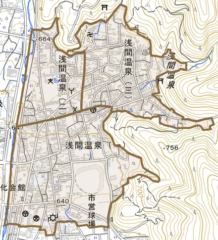浅間温泉とその周辺の地図。町の範囲を重ねている