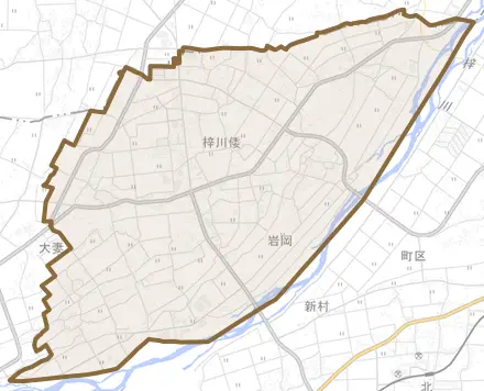 梓川倭とその周辺の地図。町の範囲を重ねている