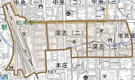 深志とその周辺の地図。町の範囲を重ねている