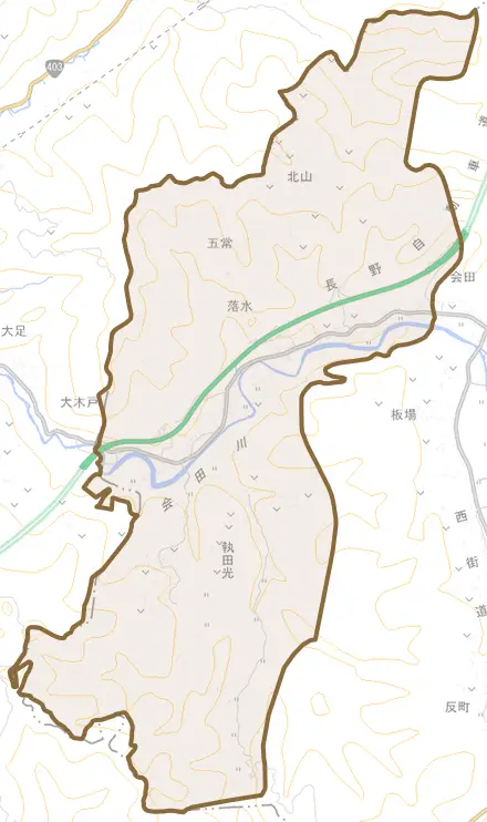 五常とその周辺の地図。町の範囲を重ねている