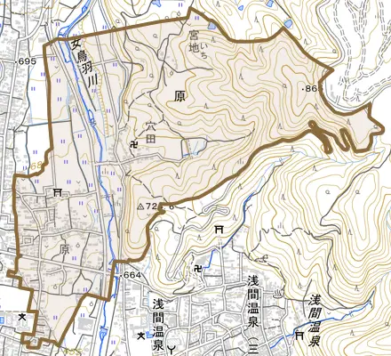 大字原とその周辺の地図。町の範囲を重ねている