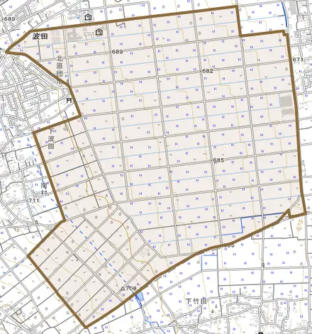 波田とその周辺の地図。町の範囲を重ねている