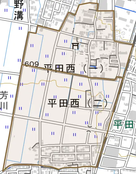 平田西とその周辺の地図。町の範囲を重ねている