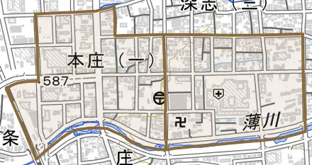 本庄とその周辺の地図。町の範囲を重ねている