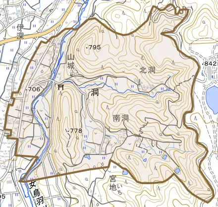 大字洞とその周辺の地図。町の範囲を重ねている