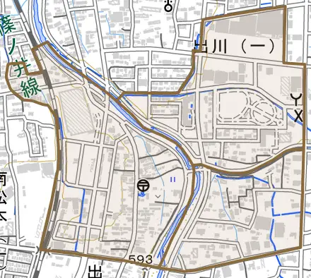 出川とその周辺の地図。町の範囲を重ねている