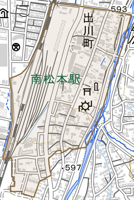出川町とその周辺の地図。町の範囲を重ねている