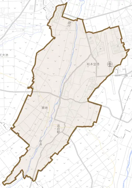 大字今井とその周辺の地図。町の範囲を重ねている