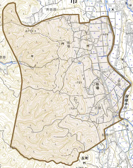 板場とその周辺の地図。町の範囲を重ねている