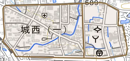 城西とその周辺の地図。町の範囲を重ねている