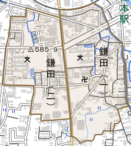 鎌田とその周辺の地図。町の範囲を重ねている
