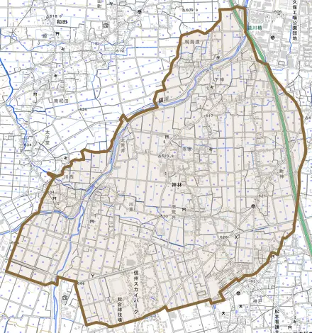大字神林とその周辺の地図。町の範囲を重ねている