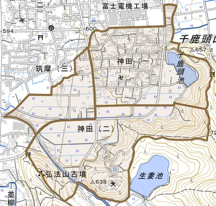 神田とその周辺の地図。町の範囲を重ねている