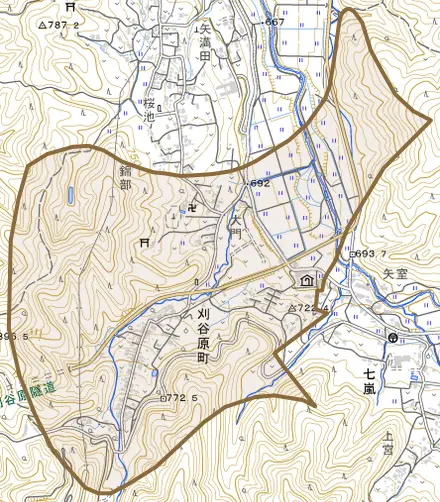 刈谷原町とその周辺の地図。町の範囲を重ねている