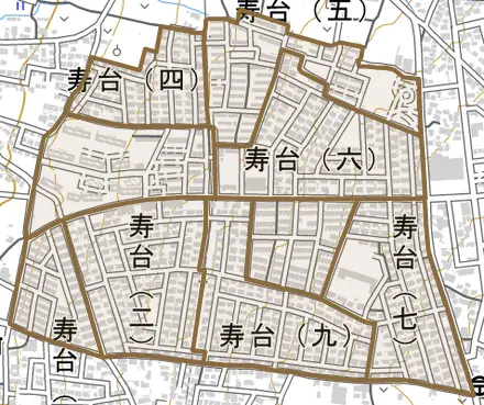 寿台とその周辺の地図。町の範囲を重ねている