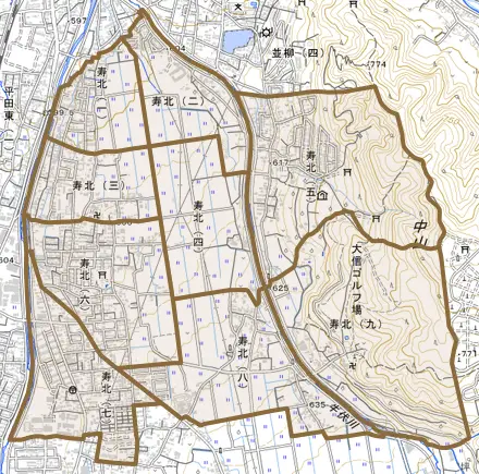 寿北とその周辺の地図。町の範囲を重ねている