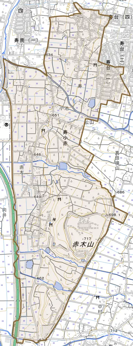 大字寿小赤とその周辺の地図。町の範囲を重ねている