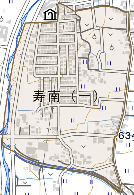 寿南とその周辺の地図。町の範囲を重ねている