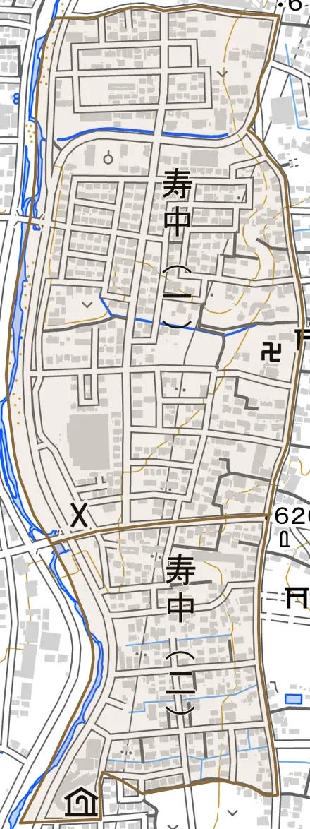 寿中とその周辺の地図。町の範囲を重ねている