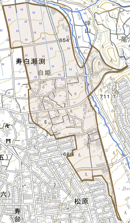 大字寿白瀬渕とその周辺の地図。町の範囲を重ねている